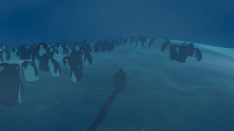 Penguins gathered on the Antarctic ice beside a lone penguin