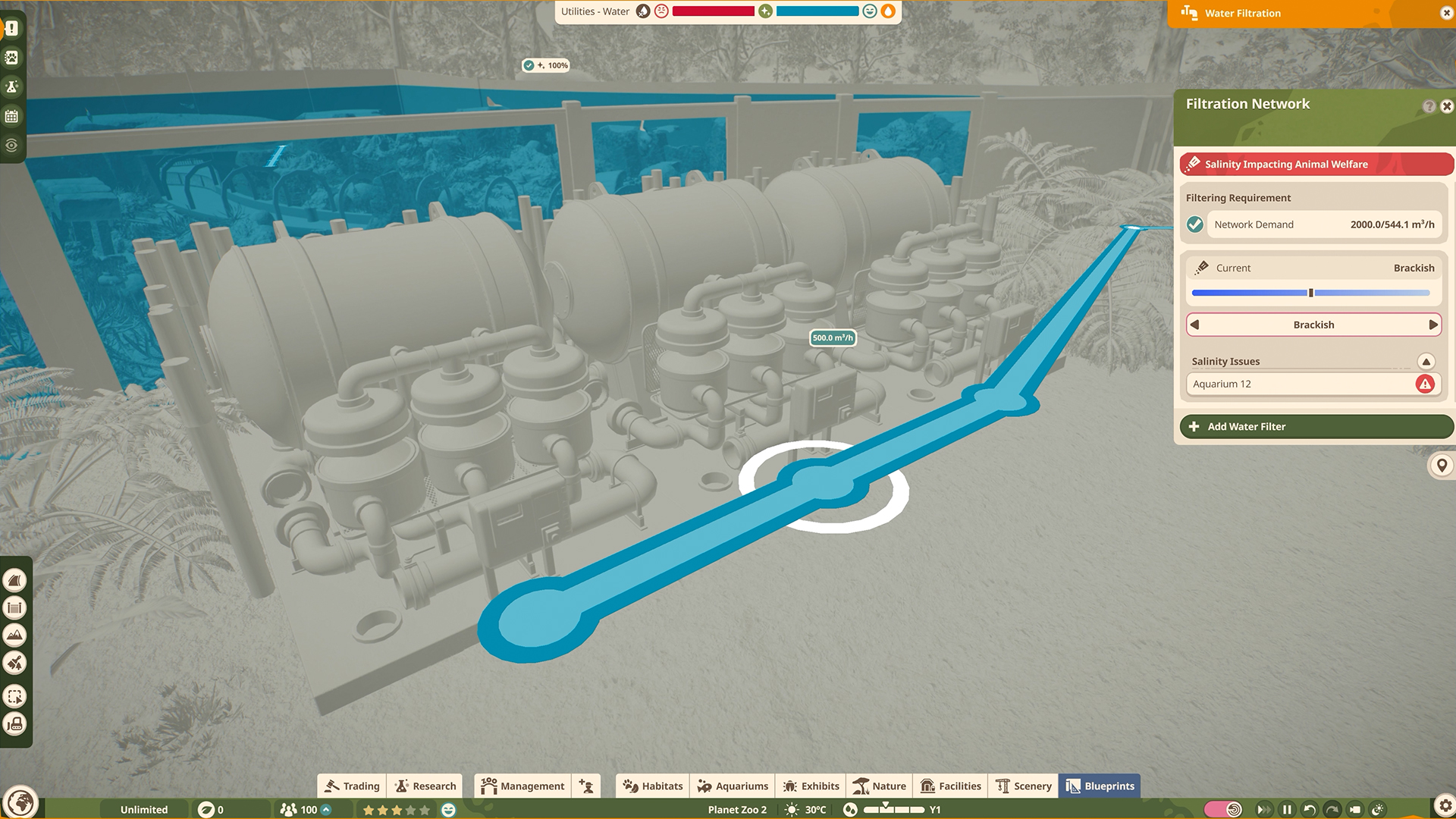 Filtration heatmap highlighting pipes connecting a water filter and aquarium gate