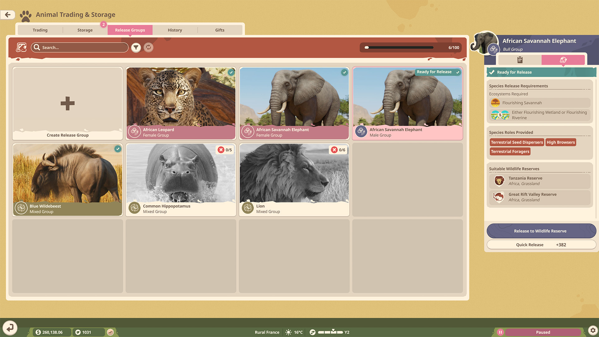 Release Groups menu showing an elephant group's required ecosystems and suitable Wildlife Reserves
