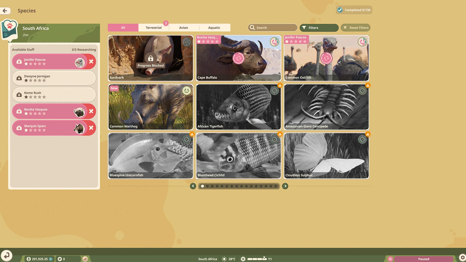 Species Research menu showing research topics and available staff