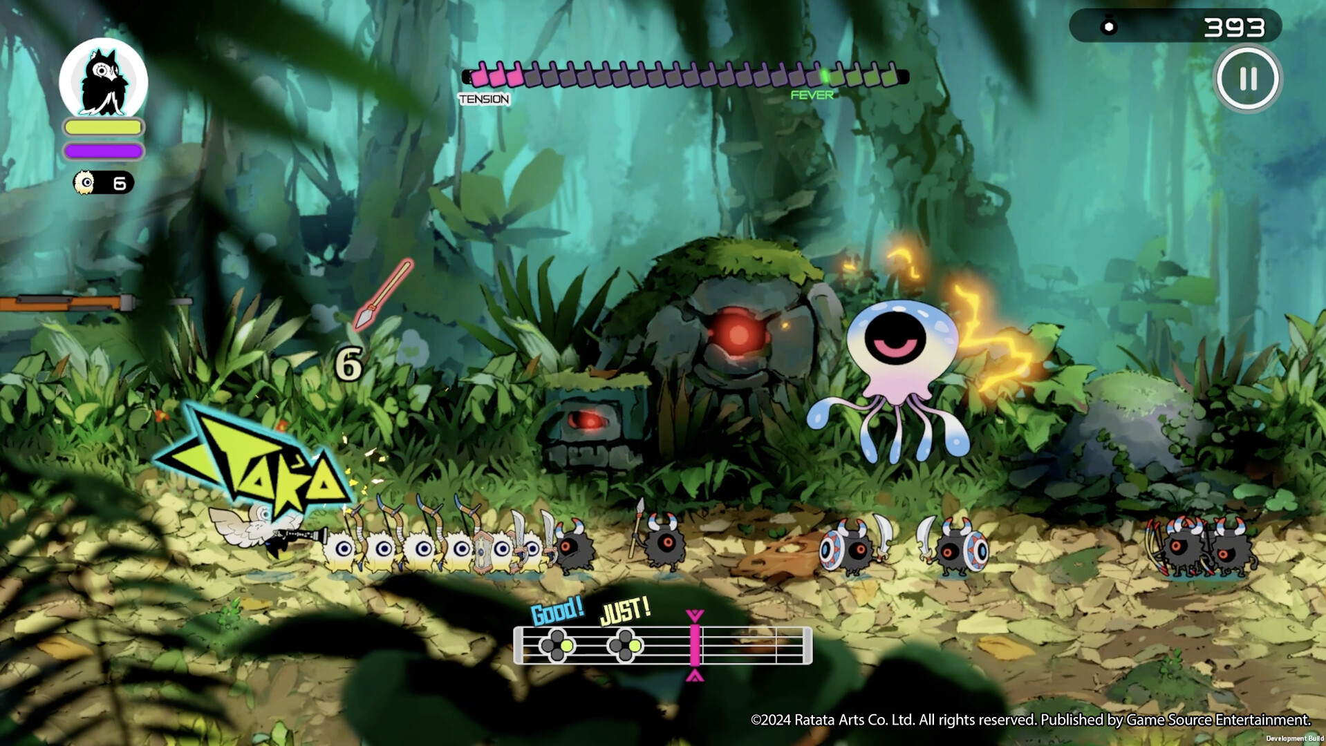 Ratatan and the Cobun fighting among stone structures in a green forest