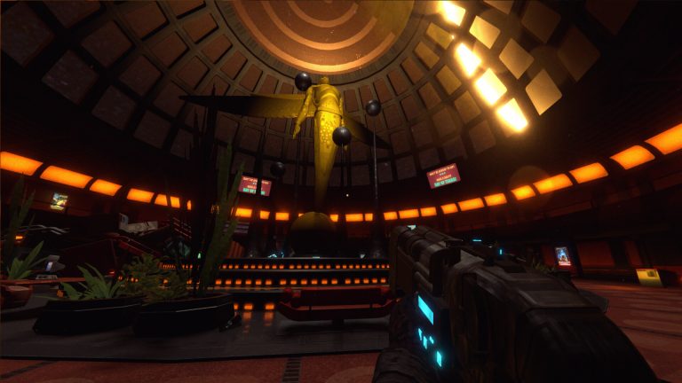 Statue in the circular Nexus station hall in RetroSpace