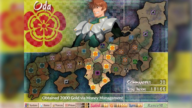Oda's clan emblem on the campaign map with Cost, National Power, gold and turn counters