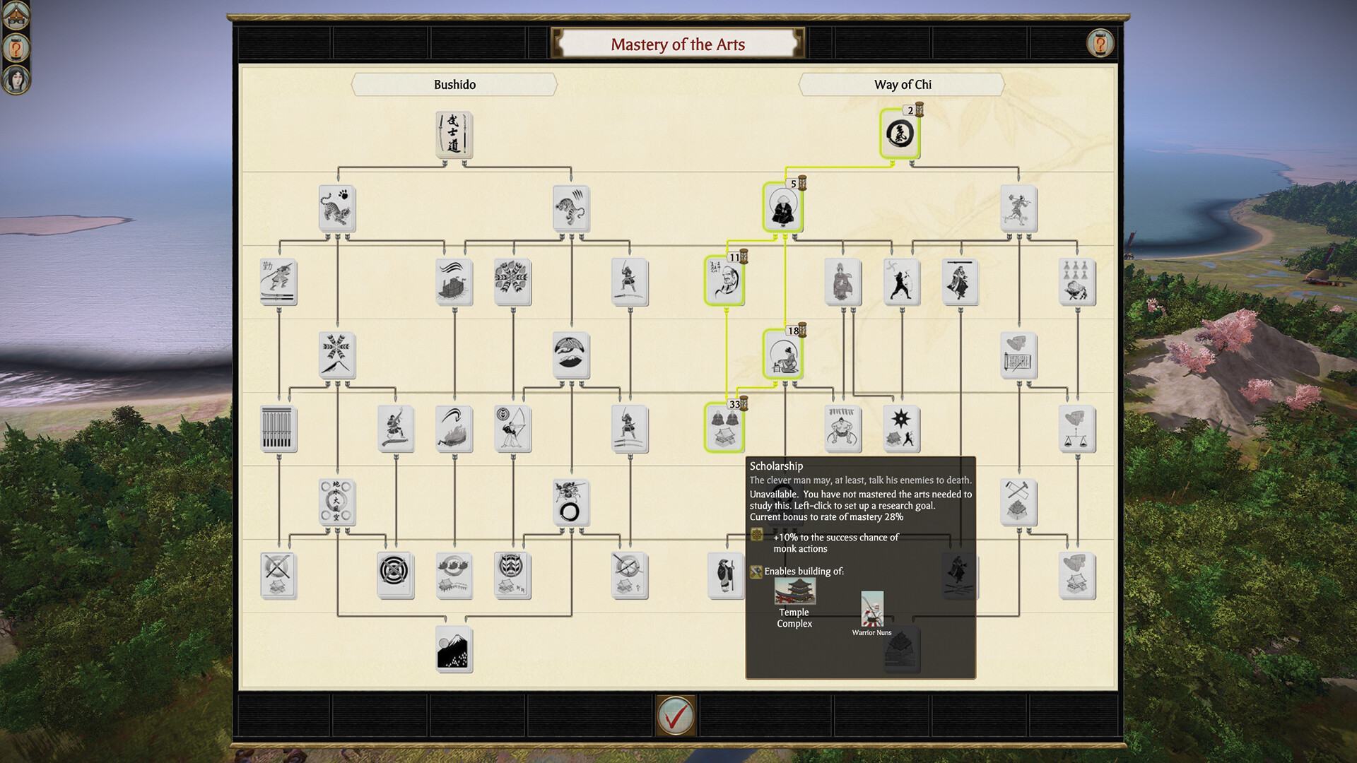 Mastery of the Arts screen with Bushido, Way of Chi and a highlighted prerequisite research path