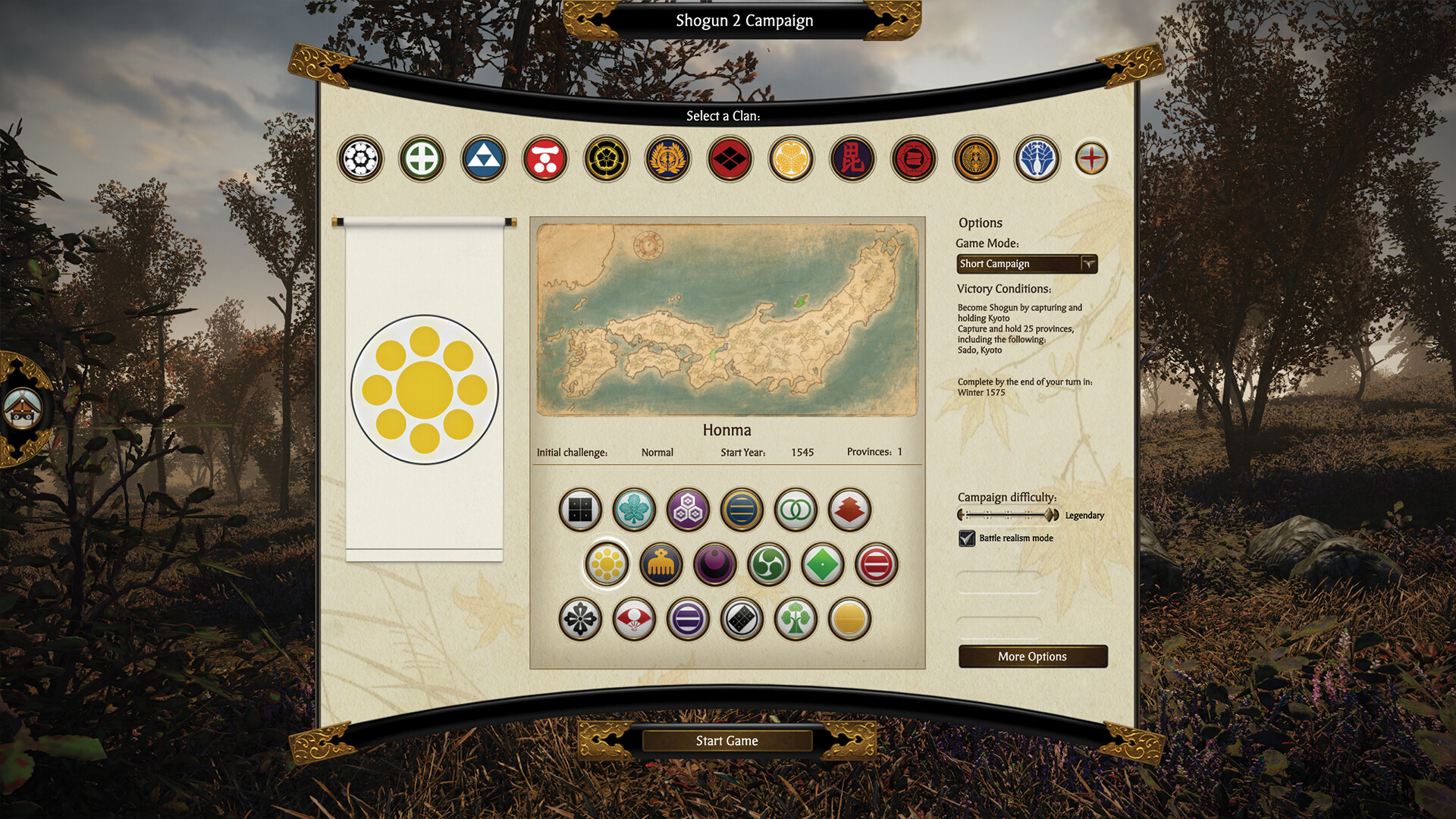 Honma selected in the Shogun 2 Short Campaign screen with victory provinces and deadline