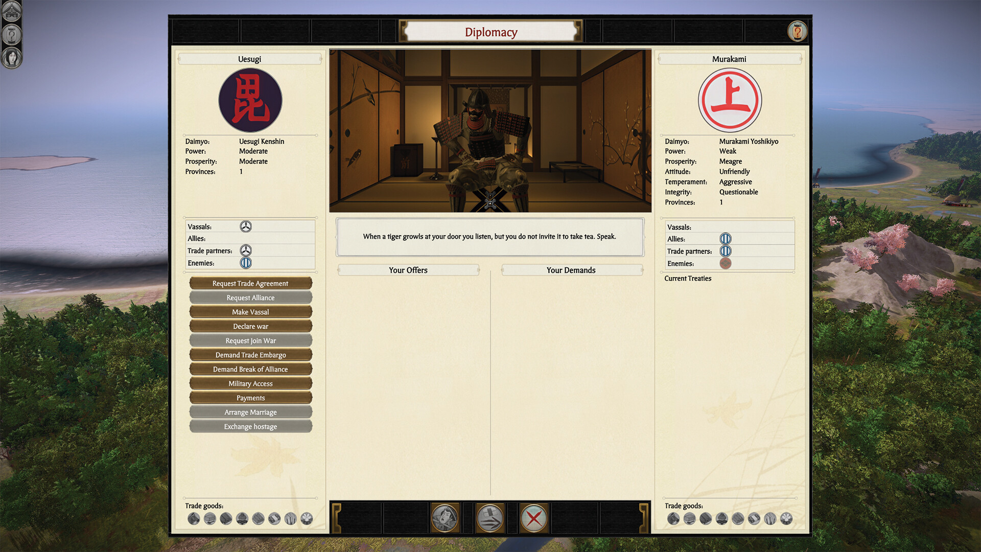 Diplomacy screen listing a neighbouring clan's allies, enemies, trade partners and treaty options