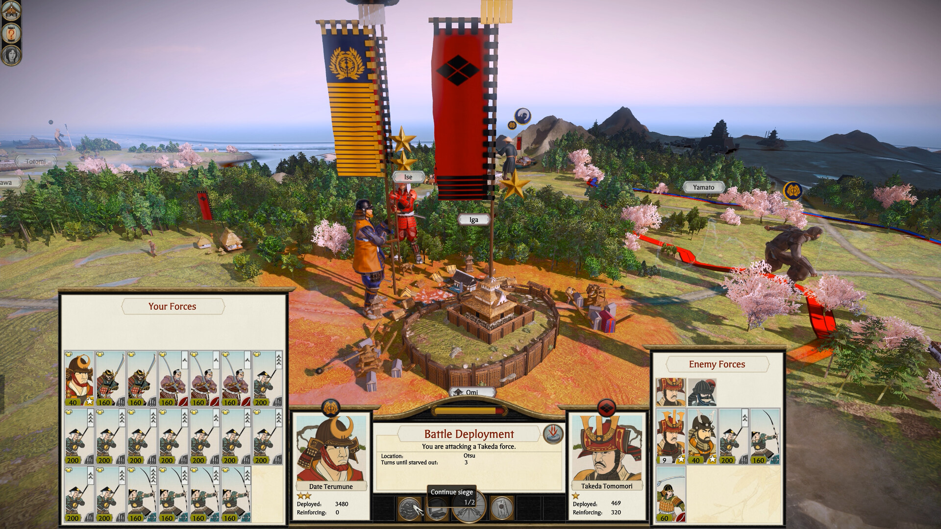 Battle Deployment panel showing friendly and enemy forces, reinforcement numbers and turns until starvation