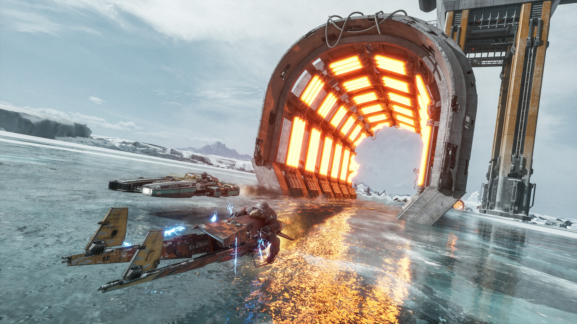 Speeders passing through an orange heated arch on an icy course