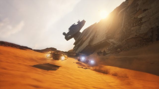 Speeders racing past a wrecked Star Destroyer on a desert course