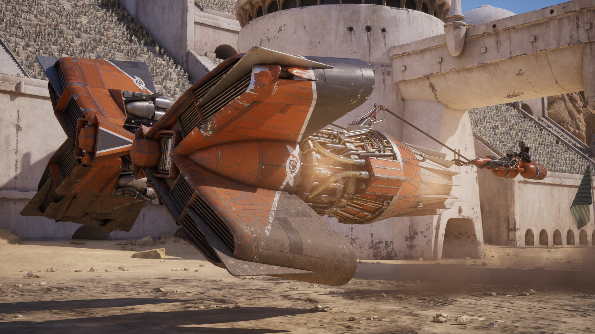 An orange podracer cockpit suspended behind two large engines in an arena