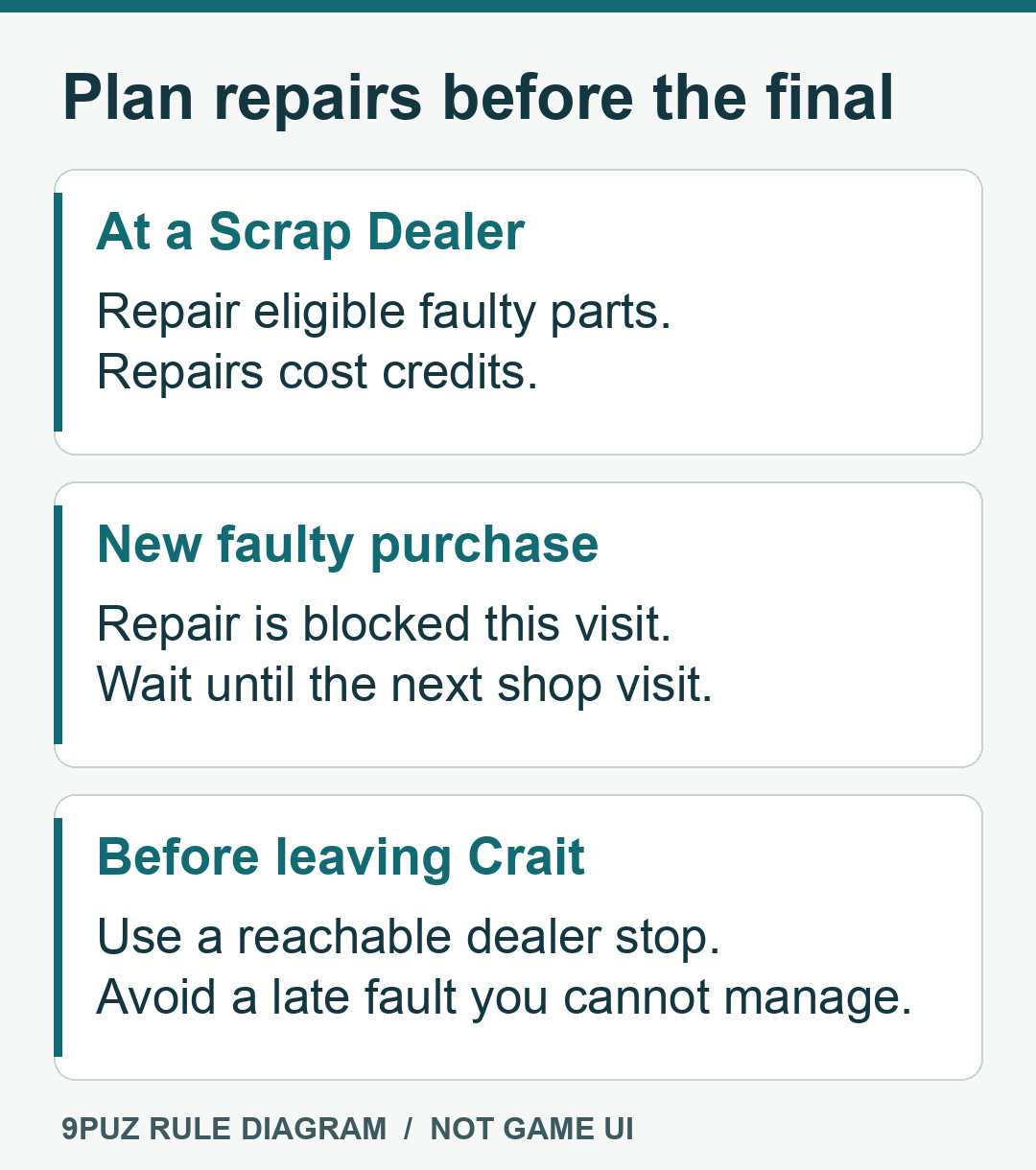 Repair timing: use a reachable Scrap Dealer; a new faulty purchase cannot be repaired on the same visit.