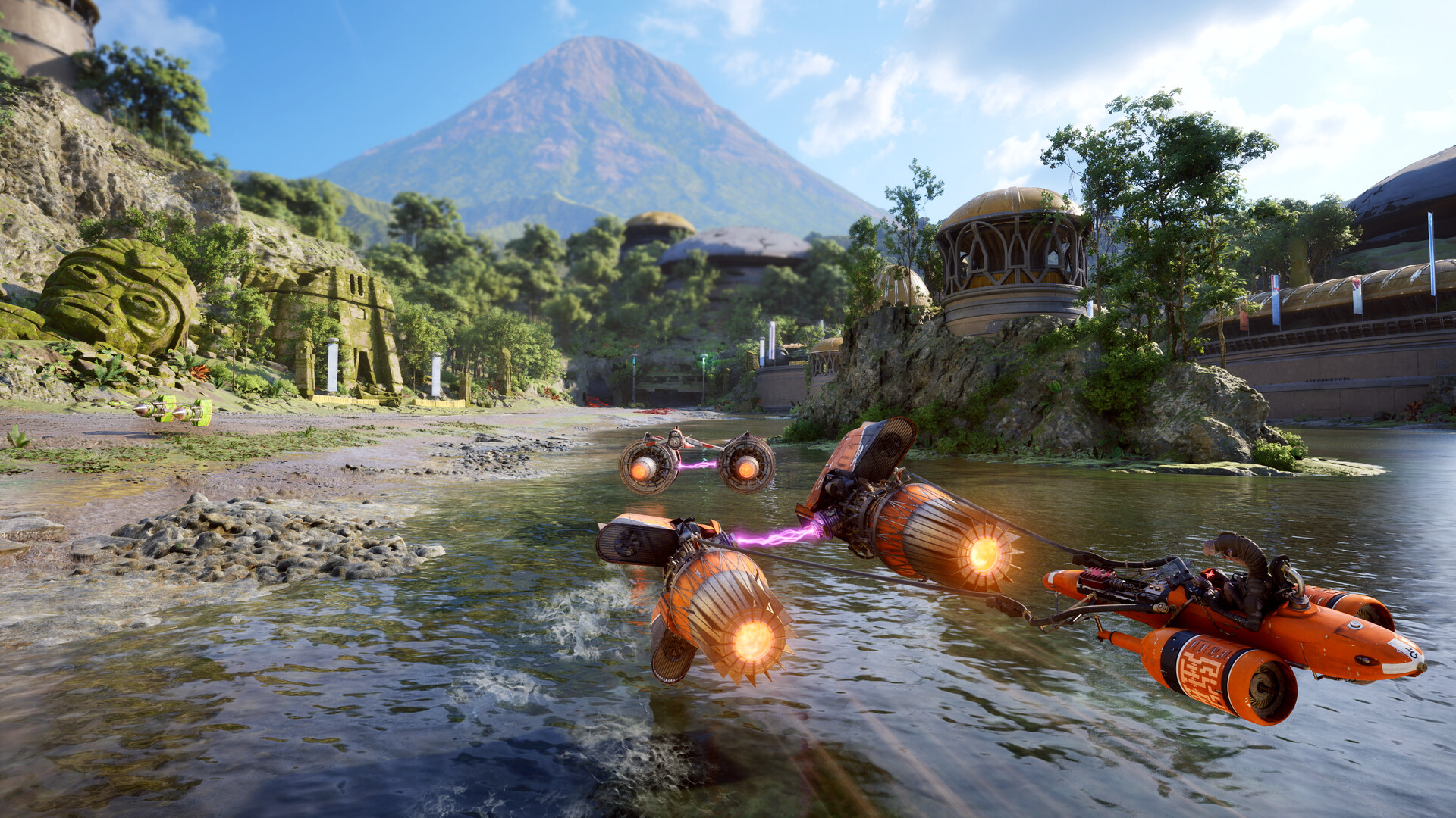 Podracers and a speeder crossing a shallow pool beside jungle ruins