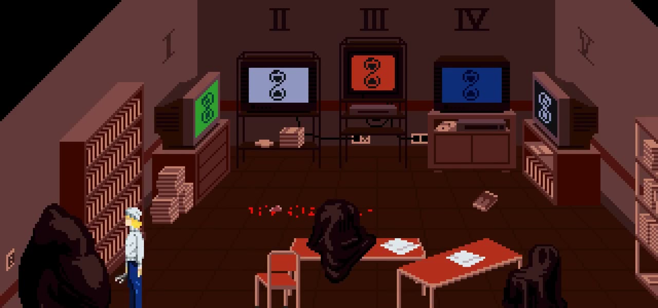 Five televisions showing the elevator color clue