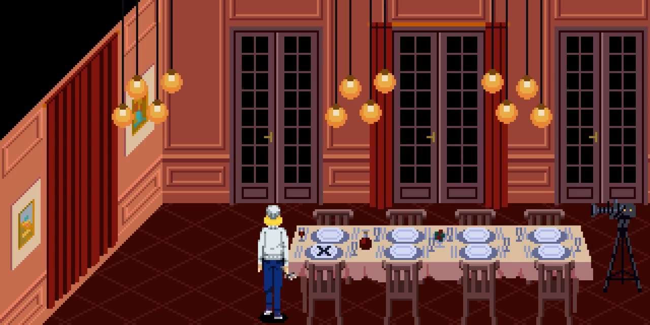 Dining table with the X plate in its lower-left place setting