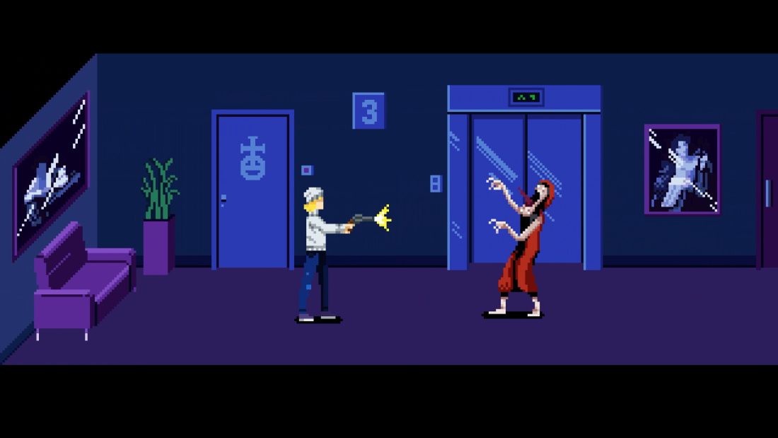 Julia aiming a revolver in the blue Floor 3 hallway