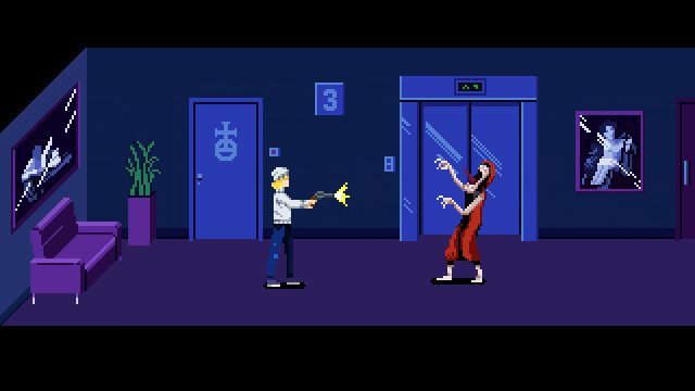 Julia aiming a revolver in the blue Floor 3 hallway