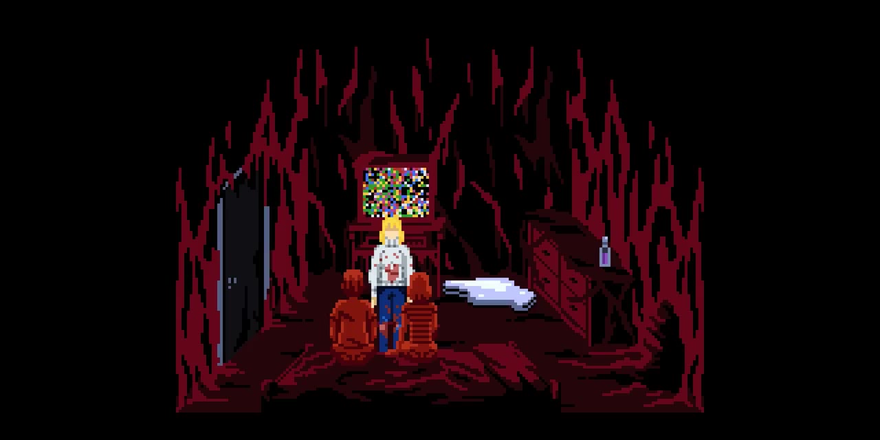 Room with two statues on the bed and mercury beside the television
