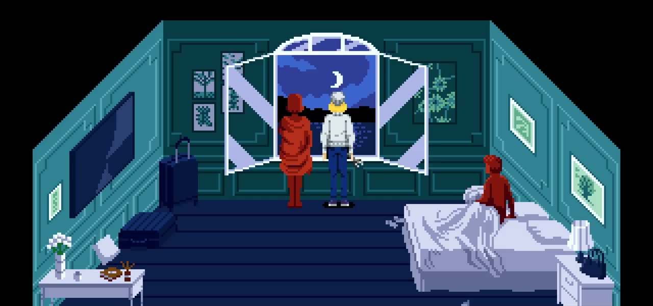 Moonlit vacation room and Julia statue beside the window