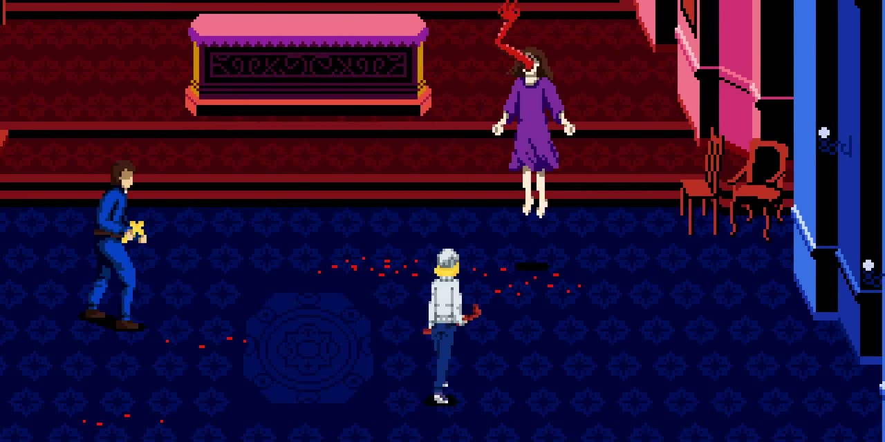 Julia and John fighting a possessed woman in the church