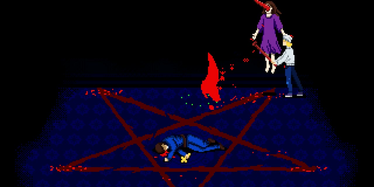 Final church battle on a pentagram with red spikes