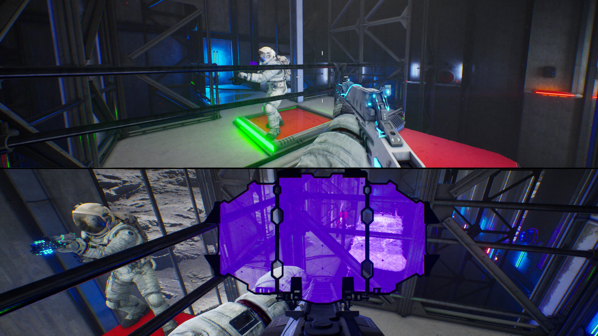 Split view showing a pressure plate and platforms visible through the purple scanner