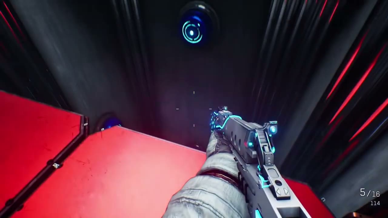 Red projecting wall shelves beneath blue bullseyes