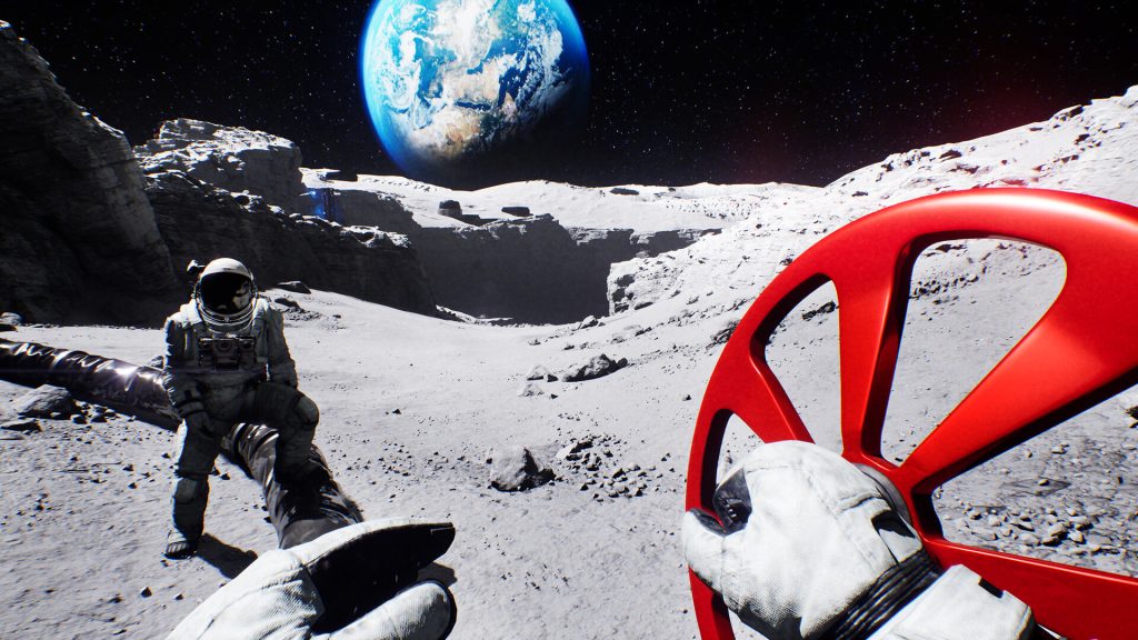 Two astronauts on the lunar surface beside a red wheel control