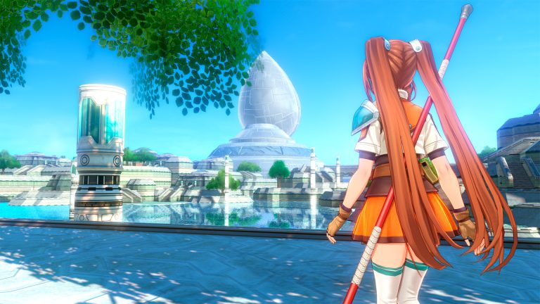Estelle facing an orbal terminal beside a blue reservoir