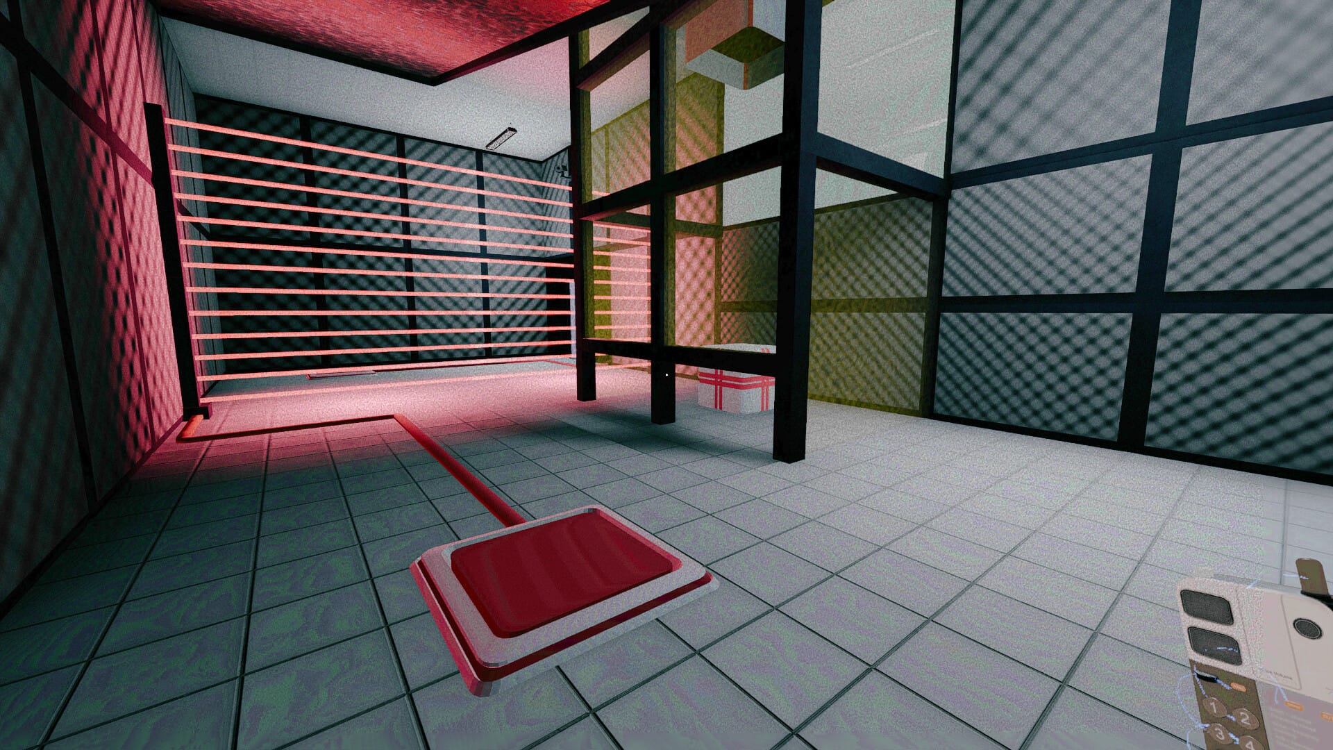 A Hacking room with a floor plate and a cube enclosed behind laser beams