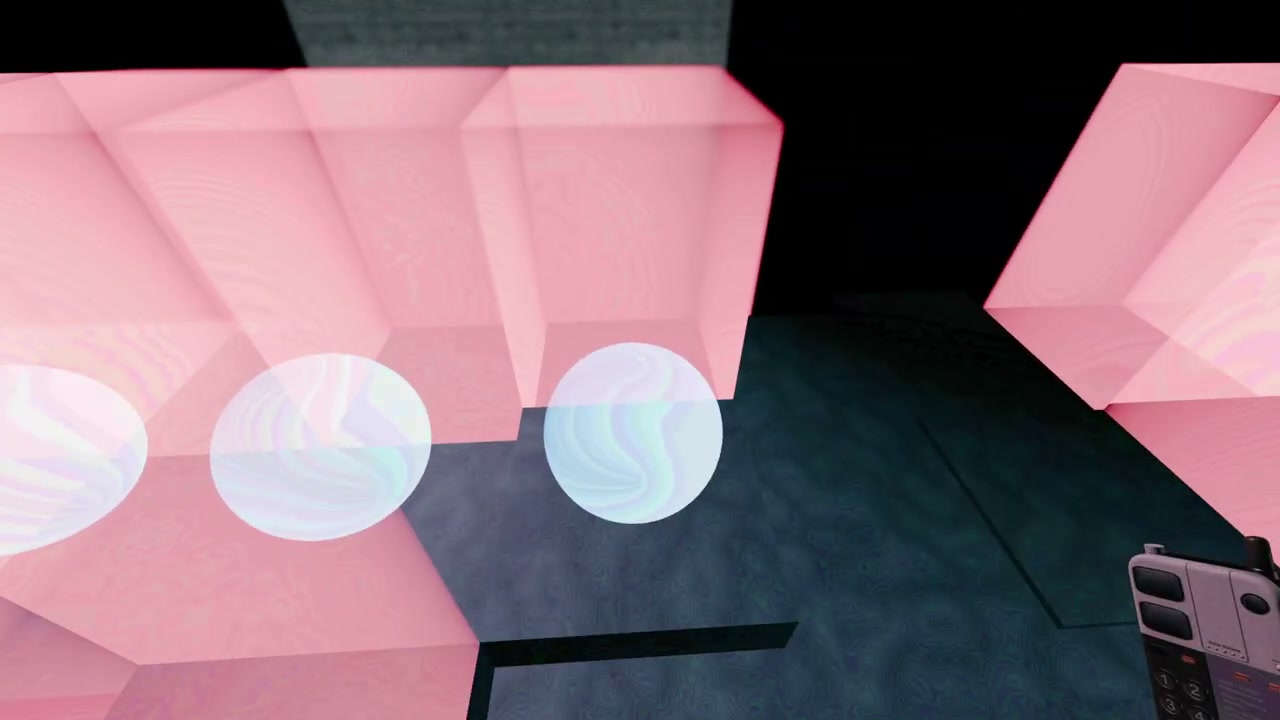 The cube maze view with pale blue balls and translucent red cube obstacles