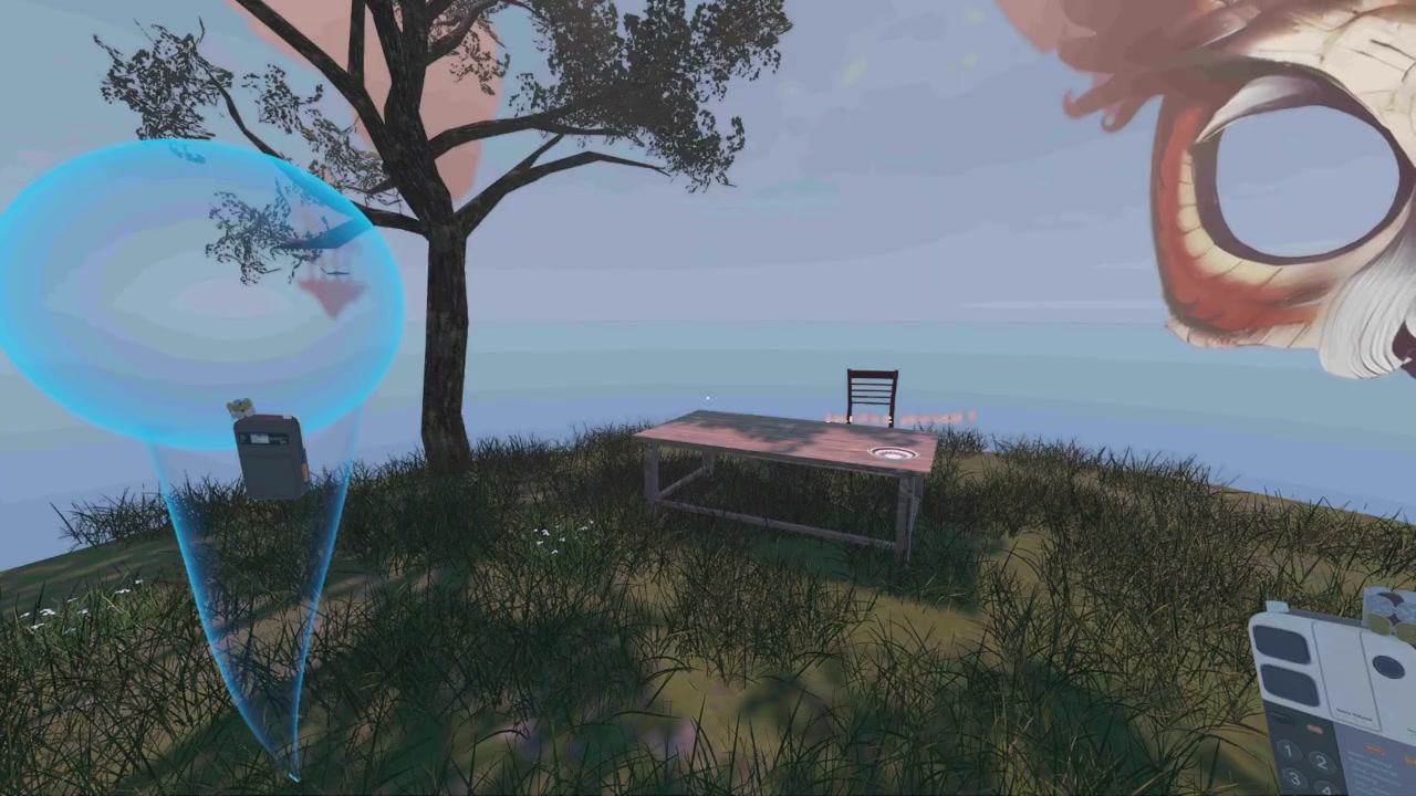 The owl's forest table with a circular tabletop control and the blue partner beside it