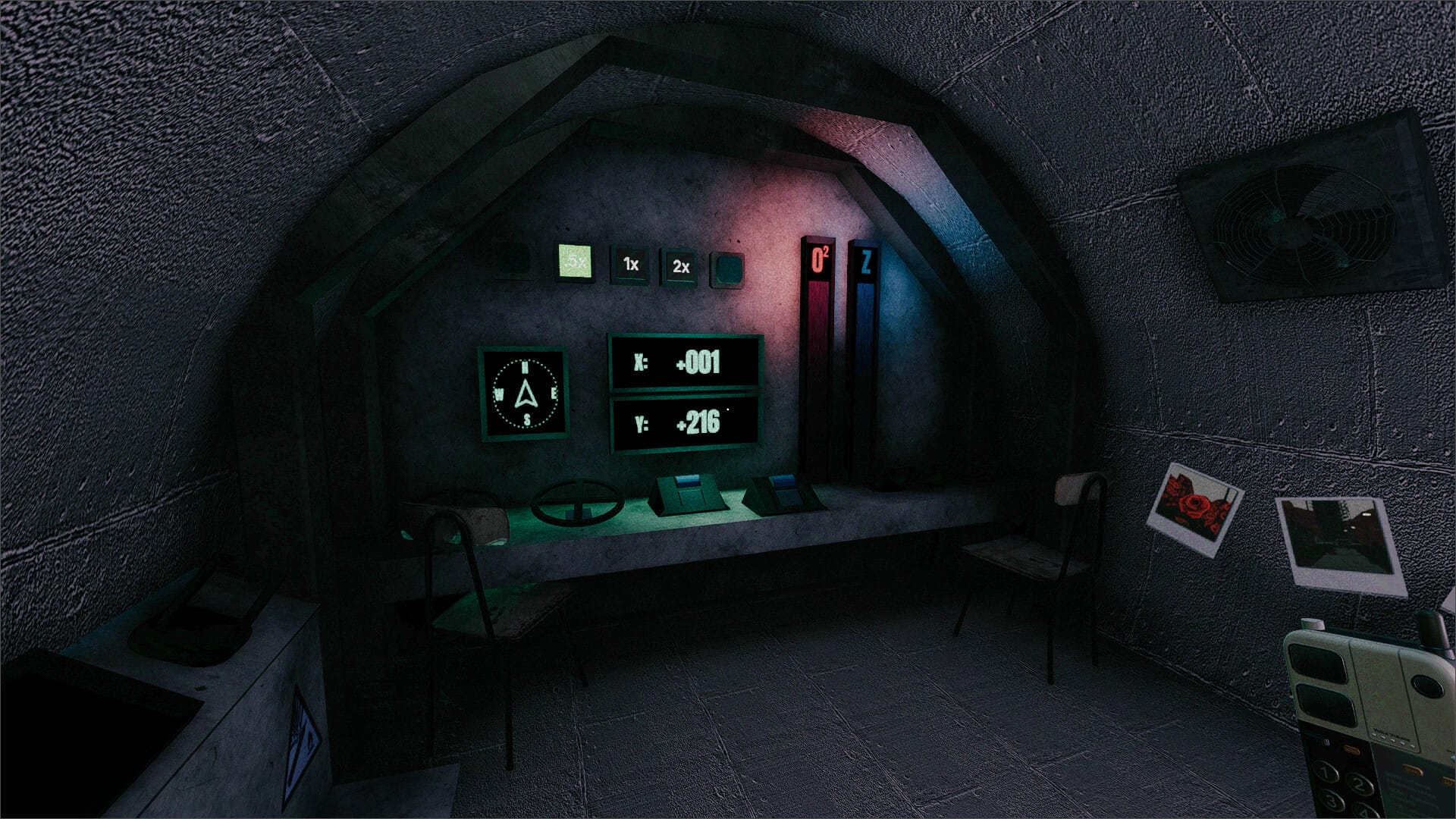 Submarine cockpit with X and Y readouts and nearby reference cards