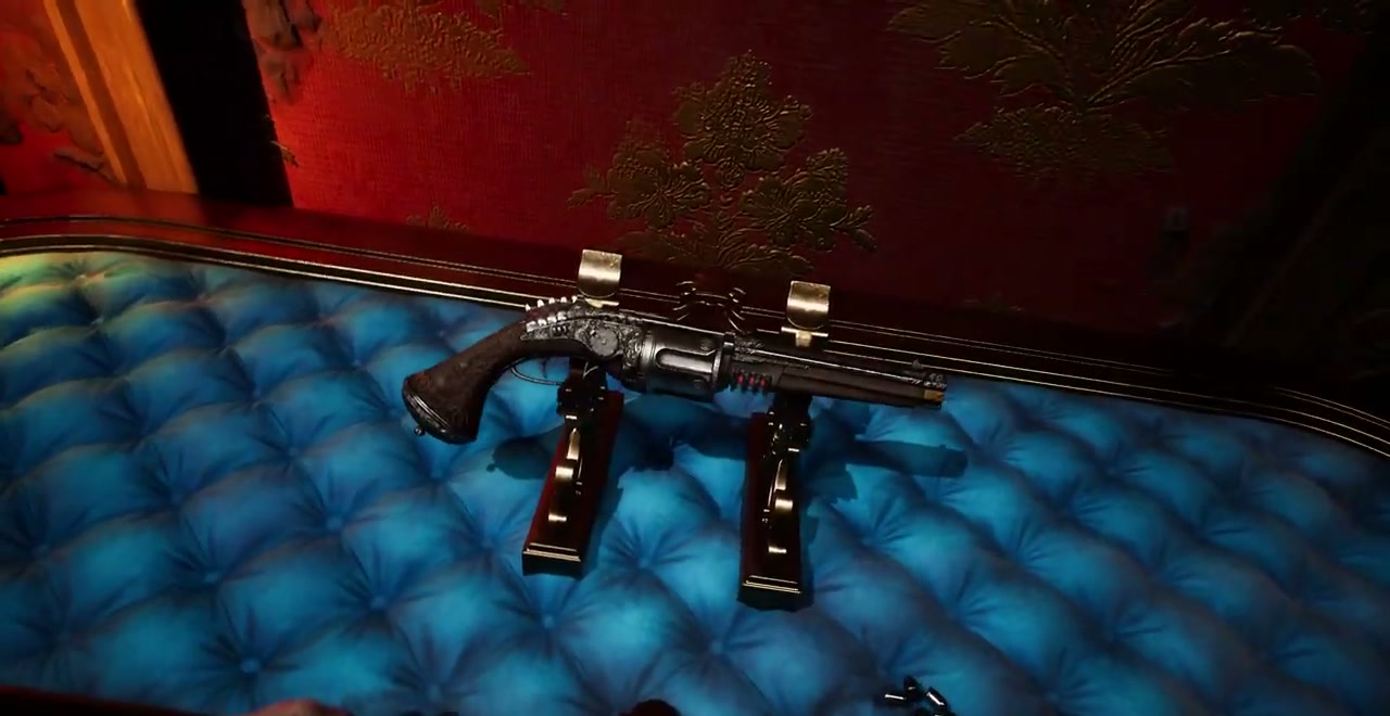 The Pistol in its fitted case inside the suspended carriage