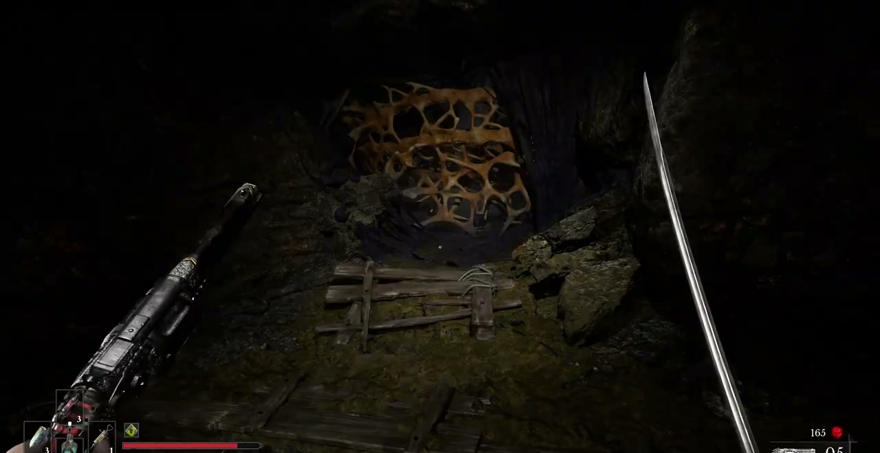 The woven barrier outside the scout cave on the intermediate cliff ledge